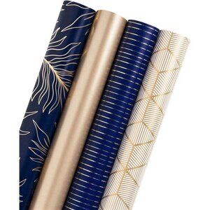 30 Inch Navy Wrapping Paper - Jumbo Roll Gold and Navy Print with Cut Lines